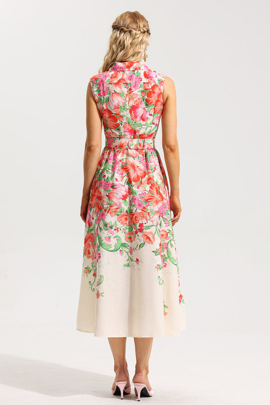 Floral Bottom Sleeveless Midi Dress With Belt