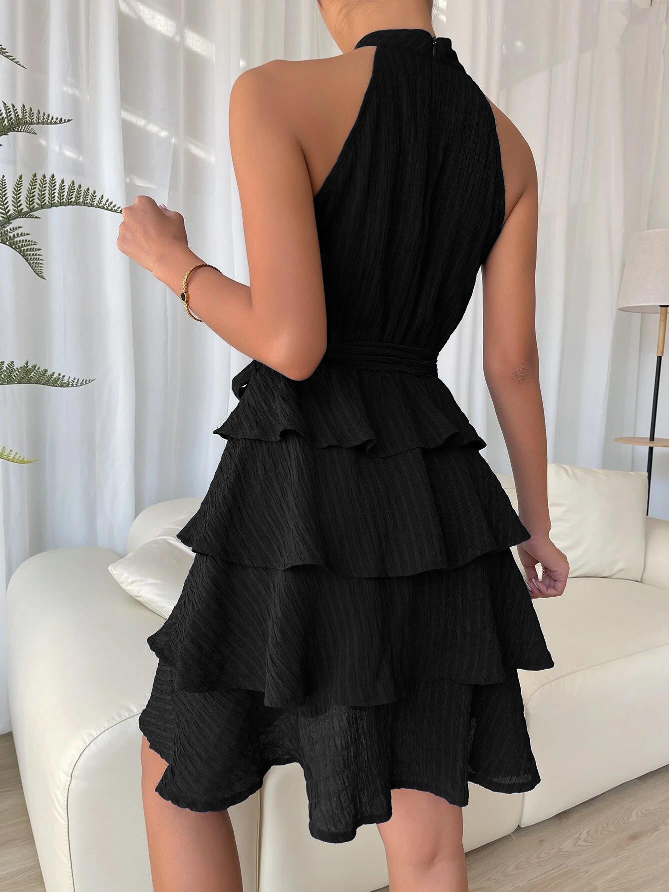 Halter Short Dress Sleeveless Pleated Belted Tulle Tiered Party Cocktail Dresses