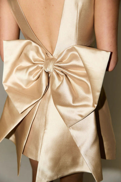 Square Neck Satin Oversized Back Bow Plunge Back Mini Dress