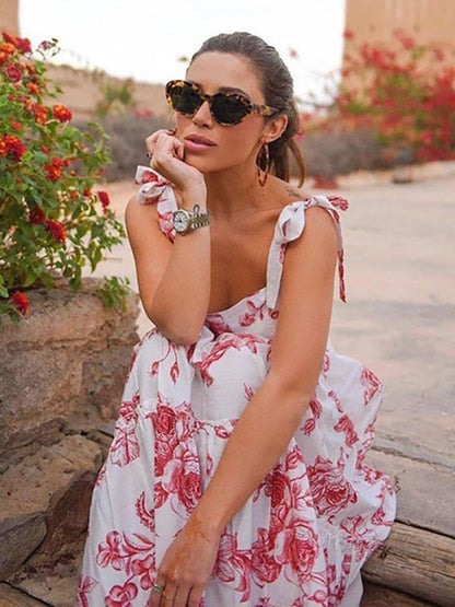 Maxi Dresses Sleeveless Red Floral Print Straps Neck Ruffles Layered Chiffon Long Dress