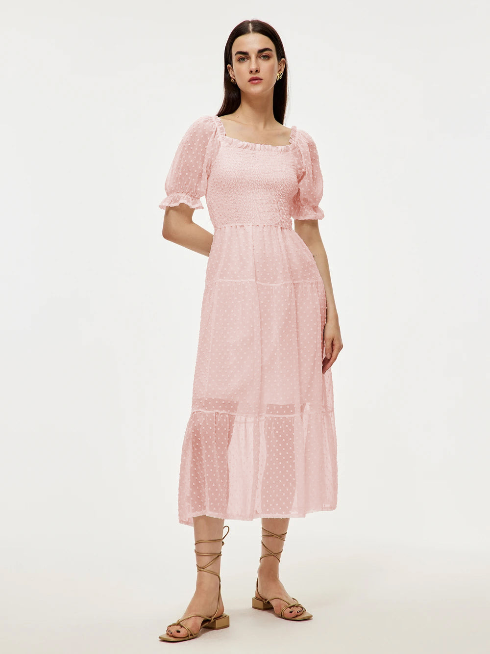 Summer Midi Dress White Square Neck Chiffon Beach Dress