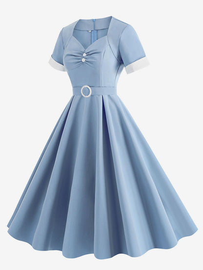 Dress Designed Neckline Short Sleeves Ring Detail Retro Midi Dress