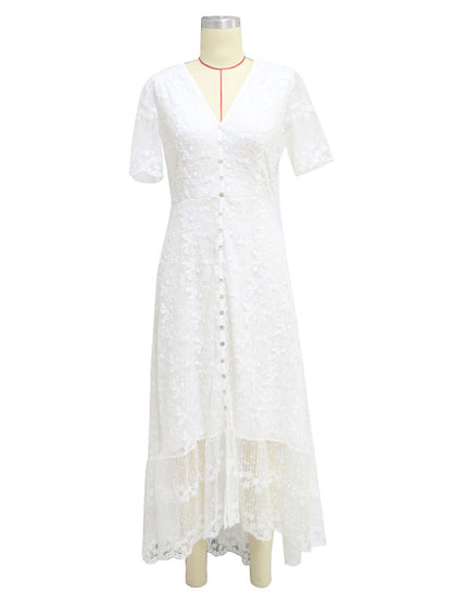 Maxi Dress V Neck Short Sleeves Lace Casual White Boho Dresses