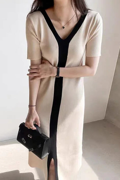 Fashionable V-neck Slim Fit Waist Knitted Midi Dress