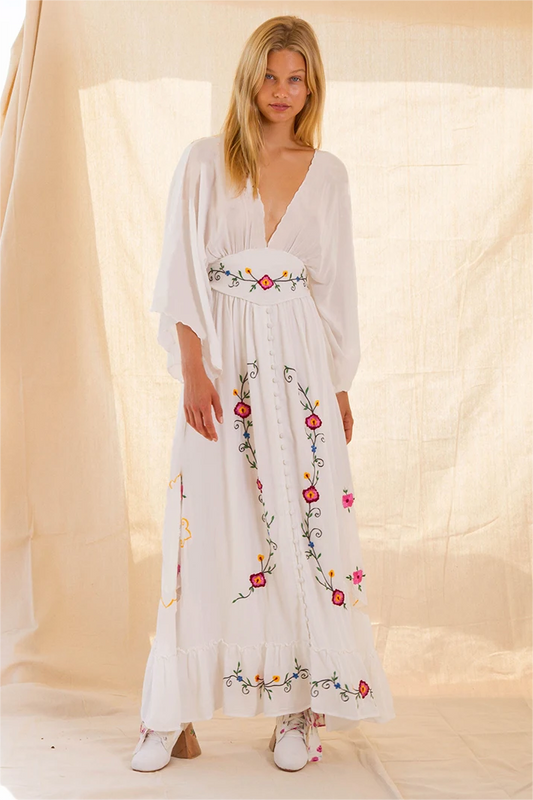 Floral Embroidered V-Neck Midi Dress