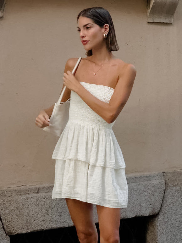 Summer Dress Mini Dresses Ecru White Strapless Pleated Cotton Beach Dress