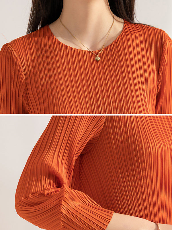 Irregular Clipping Loose Pleated Solid Color Round-Neck Midi Dresses