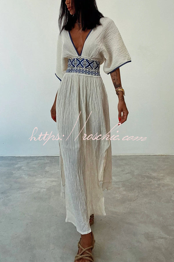 Sunlit Days Linen Blend Ethnic Printed Elastic Waist Slit Maxi Dress