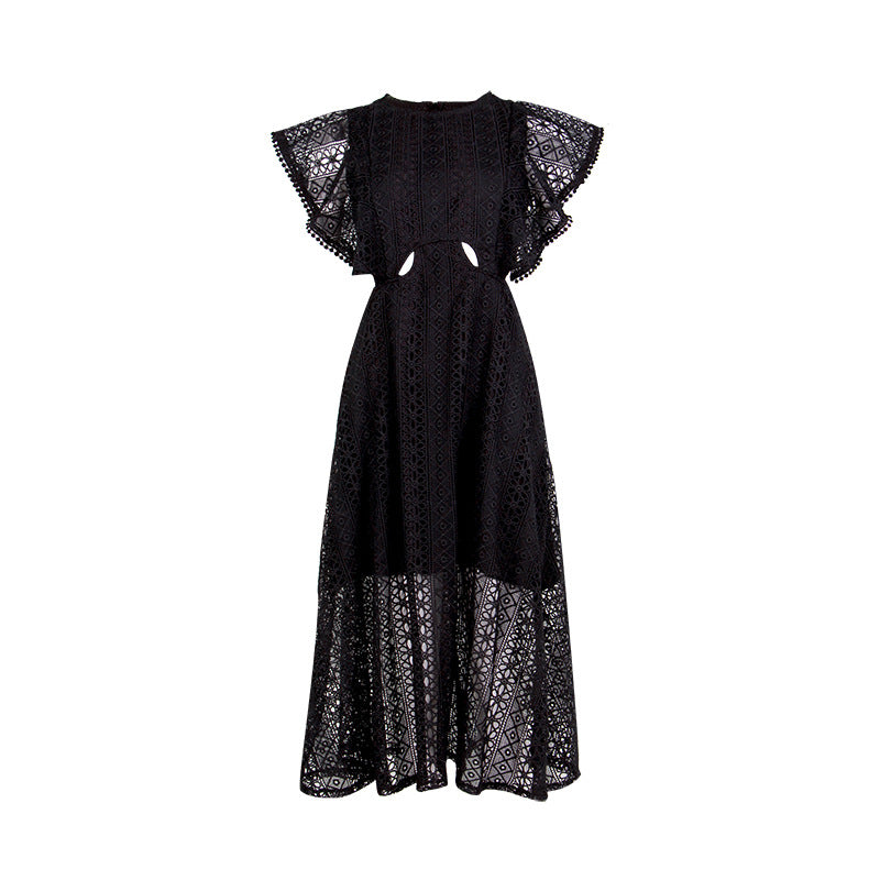 Spring round Neck Short Sleeve Lace Stitching Waist Baring Slim Fit Midi Dress