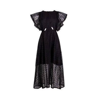 Spring round Neck Short Sleeve Lace Stitching Waist Baring Slim Fit Midi Dress