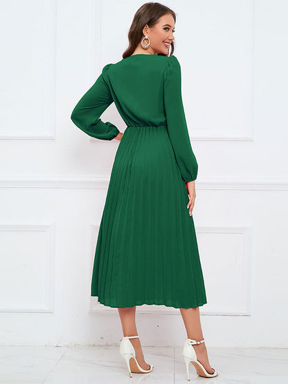 Midi Dress Pleated V-Neck Long Sleeves Casual Fall Dresses