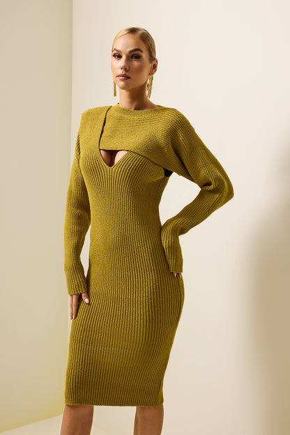 Solid Knit Knotted Long Sleeve Midi Dress
