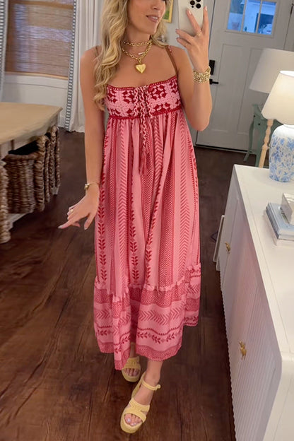 Margovil Crochet Top Printed Flowy Ruffle Maxi Cami Dress