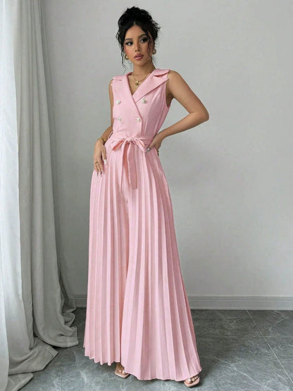 Commuting Suit Collar Pleated Pants Double-breasted Jumpsuits