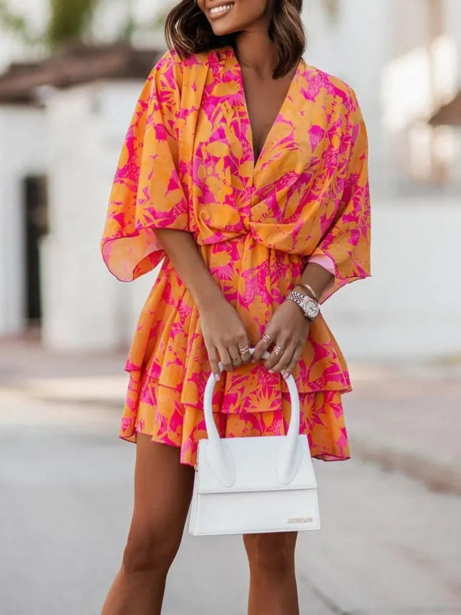 Loose-fit Batwing Sleeves Printed Commuting Mini&Short Dresses