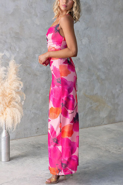 Backless Lace-up Floral Print Bodycon Maxi Cami Dress
