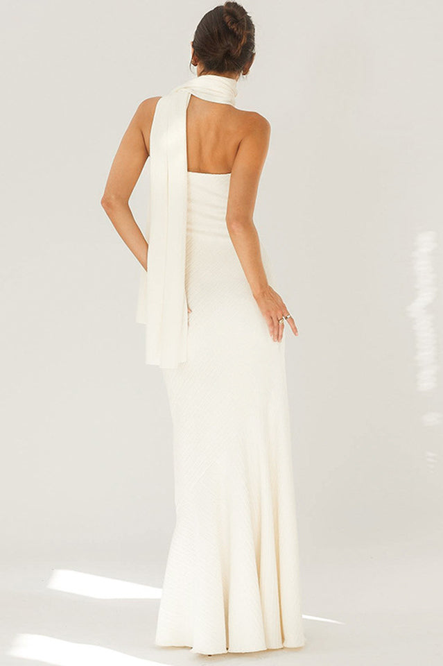 Strapless Rib Knit Neck Scarf Trumpet Hem Mermaid Maxi Gown