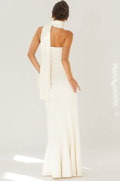 Strapless Rib Knit Neck Scarf Trumpet Hem Mermaid Maxi Gown