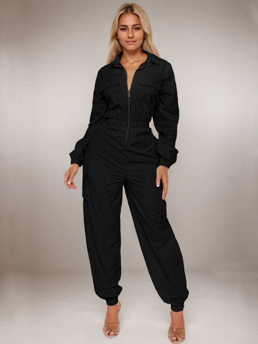 Flap Pocket Long Sleeve Waist Zipper Jumpsuits