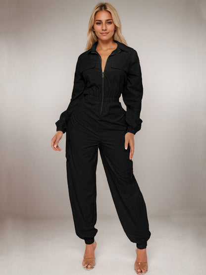 Flap Pocket Long Sleeve Waist Zipper Jumpsuits