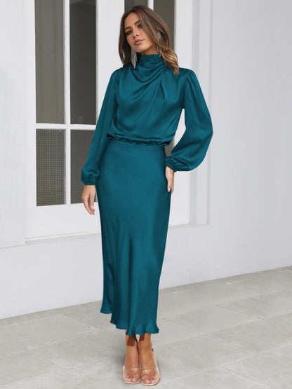 Satin Long Sleeve Zipper Solid Color Maxi Dresses