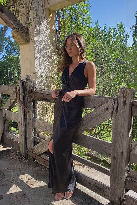 Satin Deep V-Neck Sleeveless Open-Back Cinched Waist Column Maxi Dress