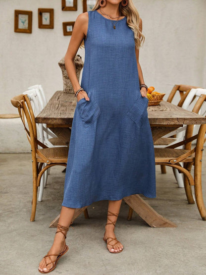 Pullover Crew Neck Sleeveless Pocket Solid Color Midi Dresses
