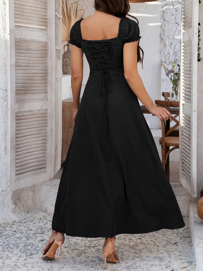 Tie-waist Ruched Puff Sleeve Long Dress
