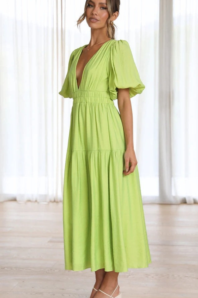 V Neck Puff Sleeve Smocked Empire Waist Tiered Midi Dress