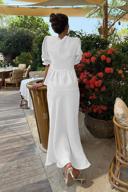 Puff Sleeve Tie-up Ruffle Cotton Shirt Skirt Set