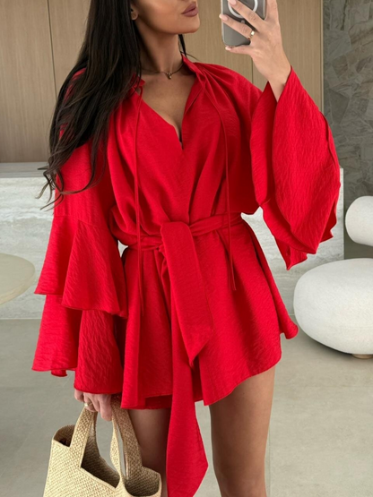 V-neck, Irregular Tie-waist, Long-sleeved, Loose-fitting Short Dress