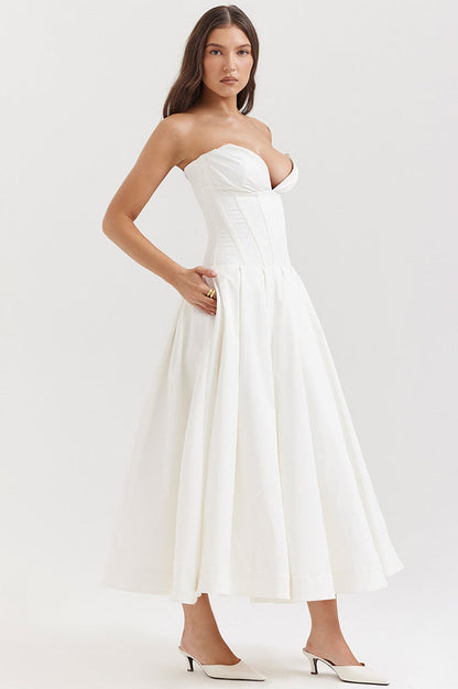 Strapless Deep Plunge Corset Boned Pleated A-Line Midi Dress