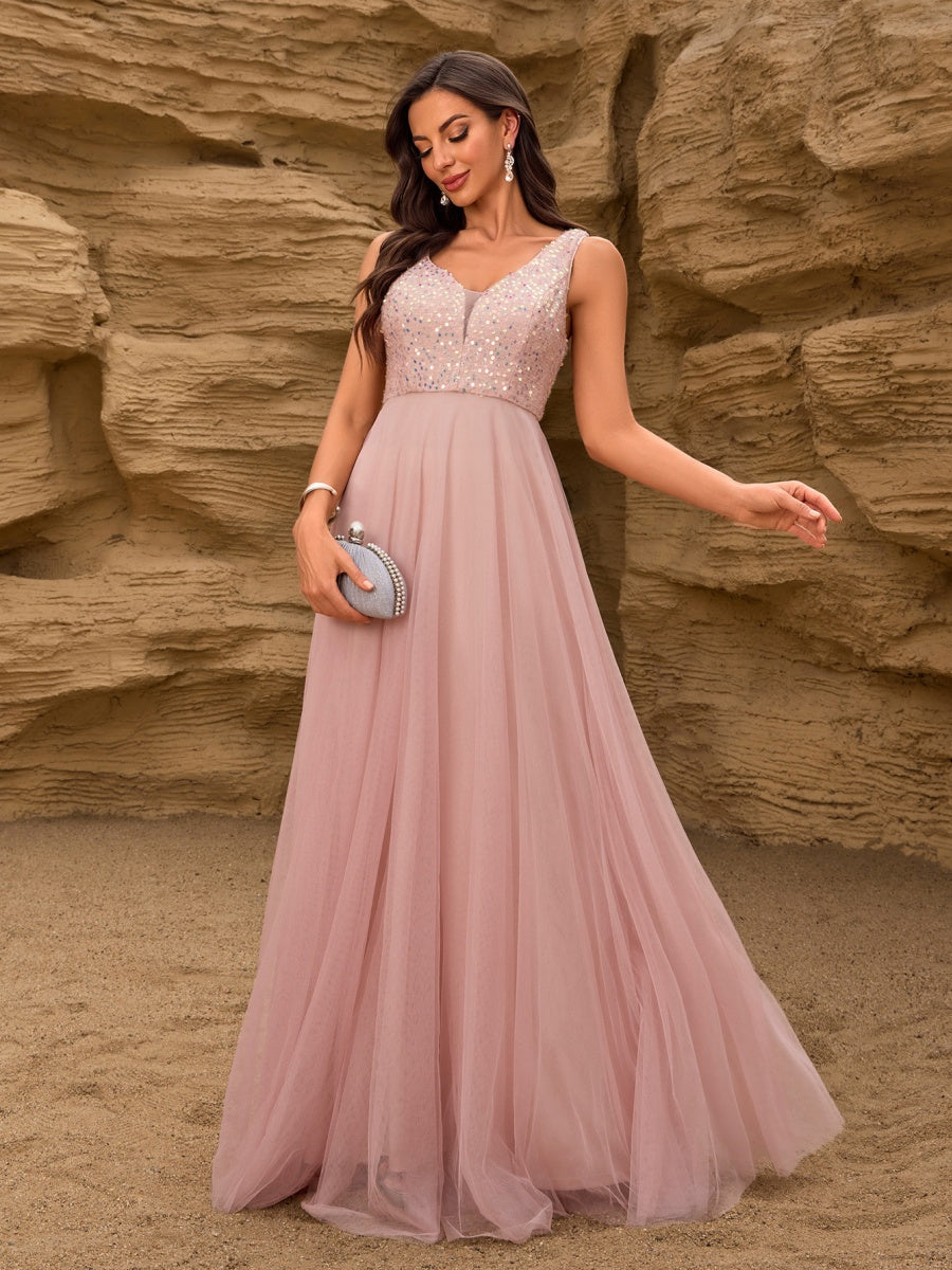 V-neck Embroidery Sequins Elegant Gauze Formal Dress Maxi Dresses