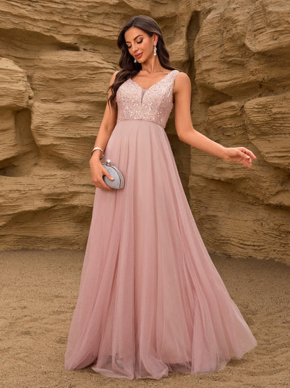 V-neck Embroidery Sequins Elegant Gauze Formal Dress Maxi Dresses