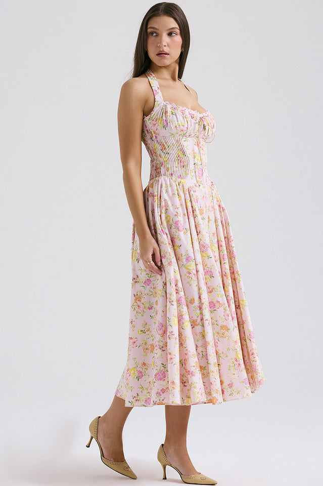 Halter Sweetheart Neck Lace Trim Ditsy Floral Corset Bodice Midi Dress