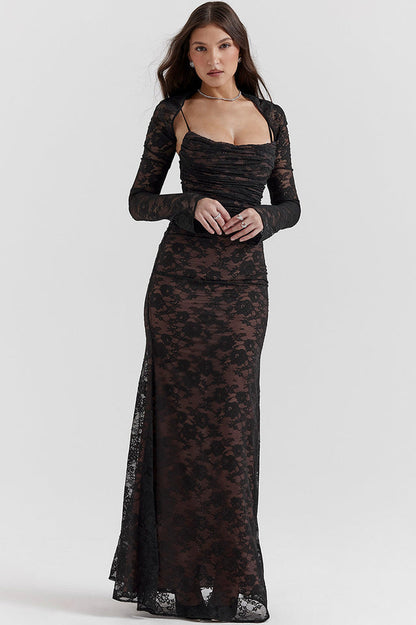Square Neck Spaghetti Strap Floral Lace Scalloped Hem Maxi Dress with Long Sleeve Bolero