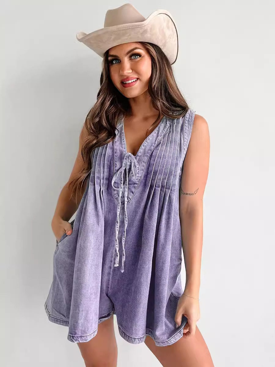 Sleeveless Short-sleeved Denim Jumpsuit