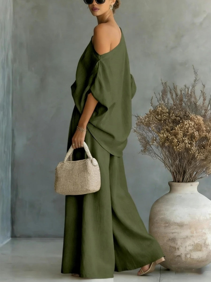 Loose-fit Off-shoulder Jacket Wide-leg Pants Set 2-piece Sets