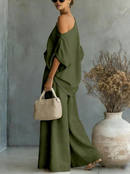 Loose-fit Off-shoulder Jacket Wide-leg Pants Set 2-piece Sets