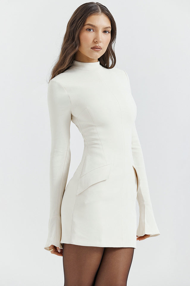 Mock Neck Flared Cuff Long Sleeve Peplum Flap Structured Bodycon Mini Dress