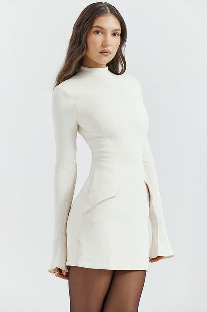 Mock Neck Flared Cuff Long Sleeve Peplum Flap Structured Bodycon Mini Dress