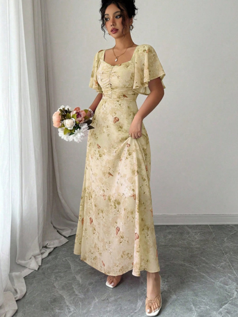 Floral Lotus Leaf Sleeves Sweetheart Collar Vacation And Leisure Maxi Dresses
