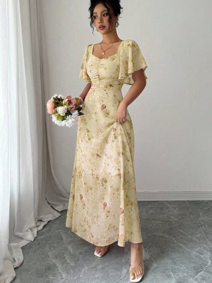 Floral Lotus Leaf Sleeves Sweetheart Collar Vacation And Leisure Maxi Dresses