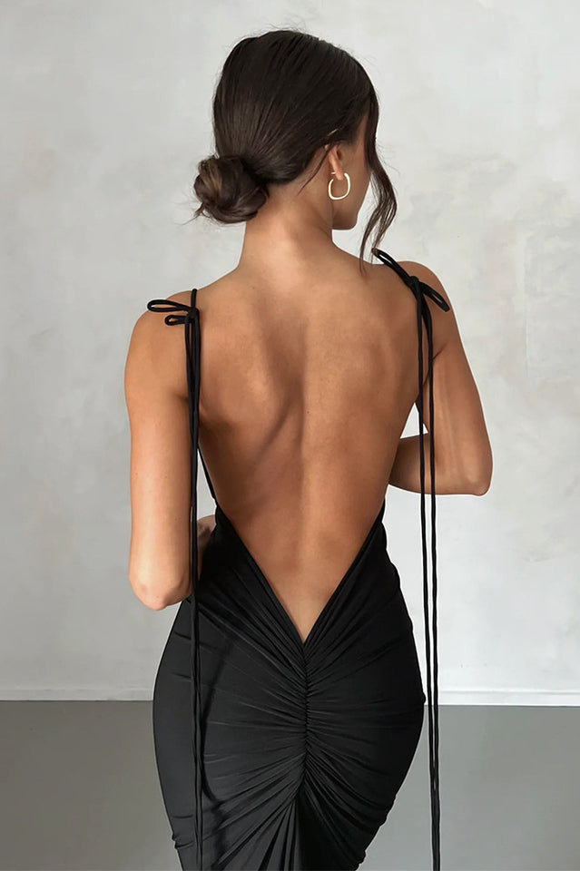 Deep V Back Tie Strap Ruched Gathered Back Bodycon Maxi Dress