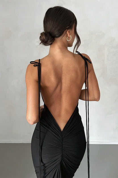 Deep V Back Tie Strap Ruched Gathered Back Bodycon Maxi Dress