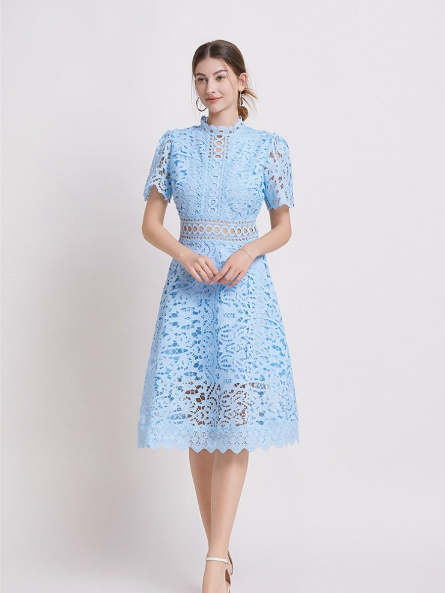 Lace Waist-cinching Hollow-out Midi Dress