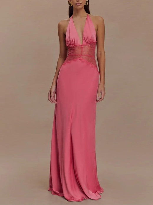 Deep V-neck Silk Satin Maxi Dress With Halter Neck And Cinched Waist