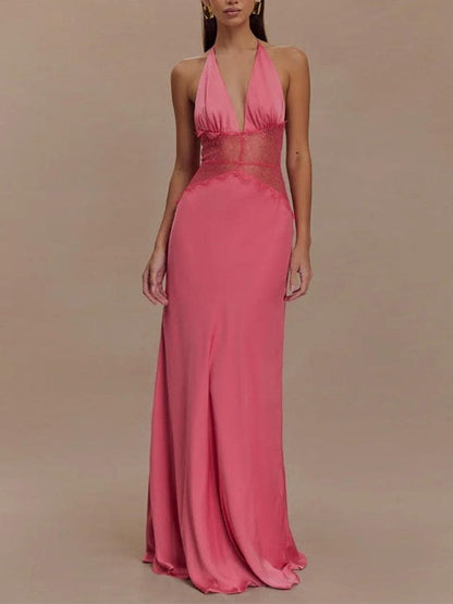 Deep V-neck Silk Satin Maxi Dress With Halter Neck And Cinched Waist