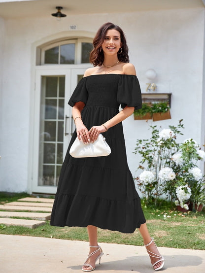 Square Neck, Backless, Puff Sleeve, Pleated Short-sleeved Long Dress