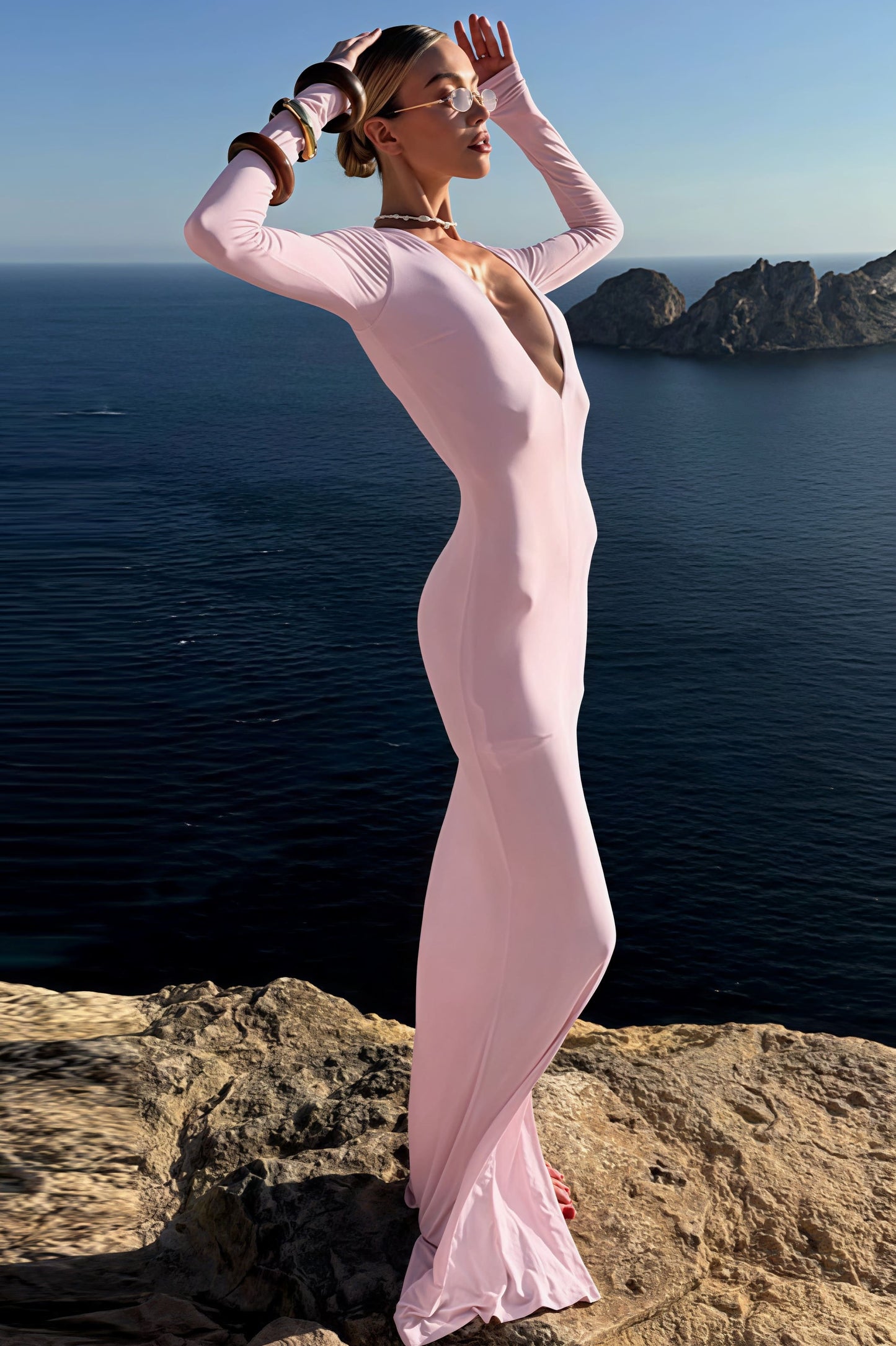| Deep V-Neck Long Sleeve Bodycon Maxi Dress
